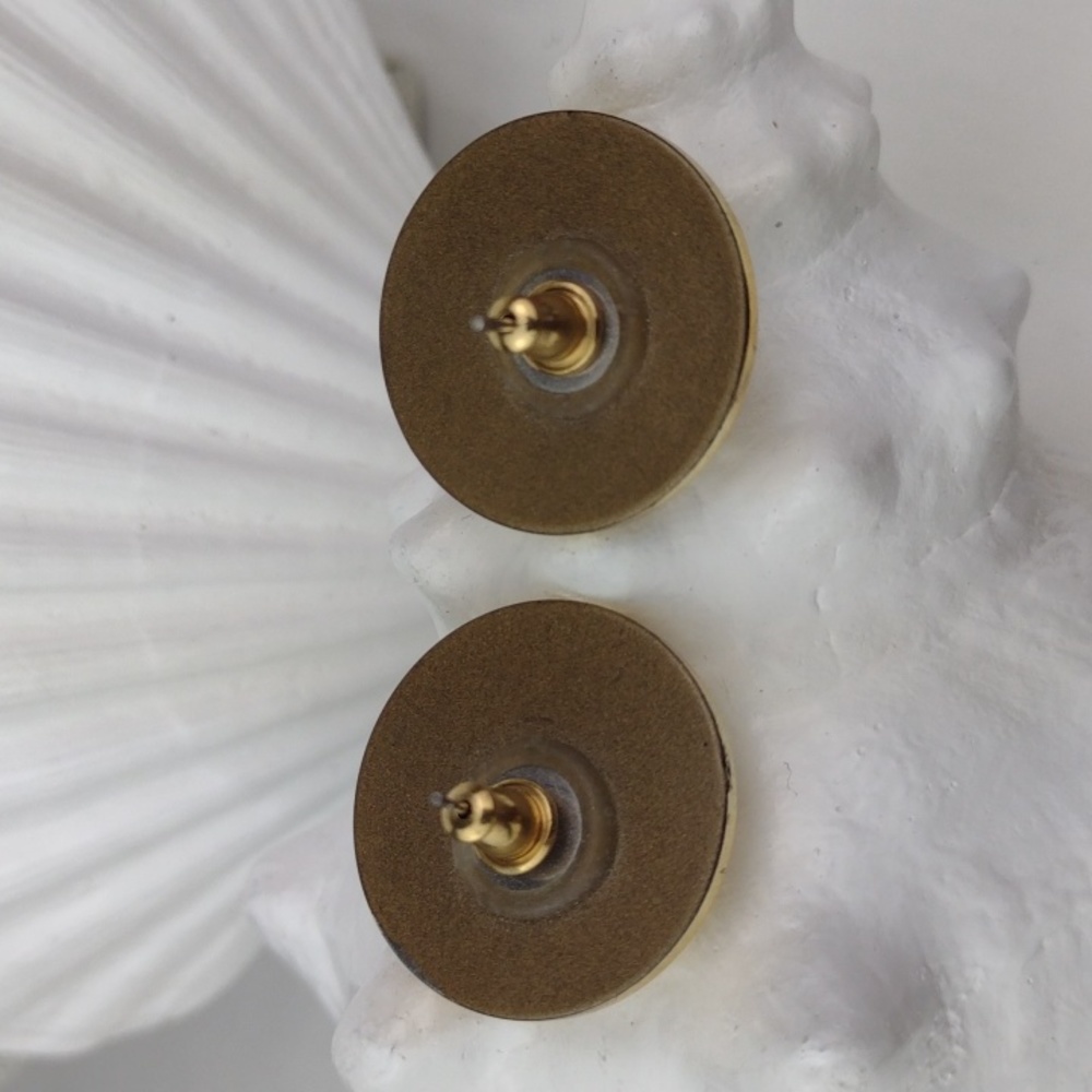 Gold Tone Yellow Button Pierced Earrings - Picture 2 of 4